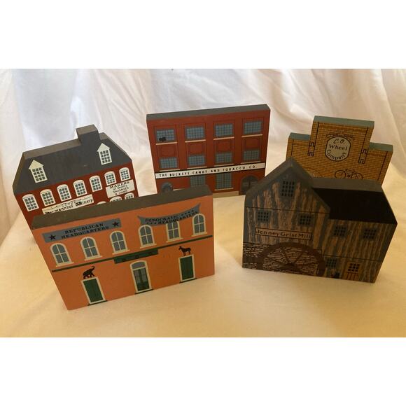 1988 The Cat’s Meow Tradesman Series Lot of 5 Wooden Buildings – Signed Faline - Picture 1 of 7